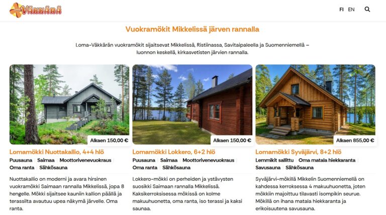 Lomamökkiyritys Loma-Väkkärän mökkien tuotekortteja