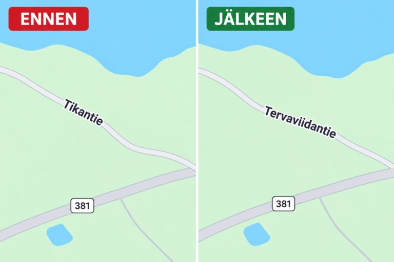 Kuva näyttää osoitteenmuutoksen Googlen kartalla Tikantiestä Tervaviidantieksi
